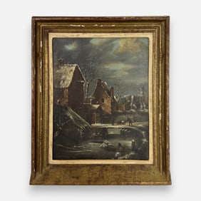 Antique Dutch Town Scene Oil on Canvas Framed Painting
