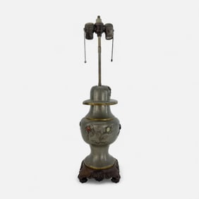 Antique Chinese Pewter Table Lamp w/Semi-Precious Hardstones
