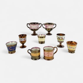 Nine Antique Staffordshire Copper Luster Cups & Loving Cups