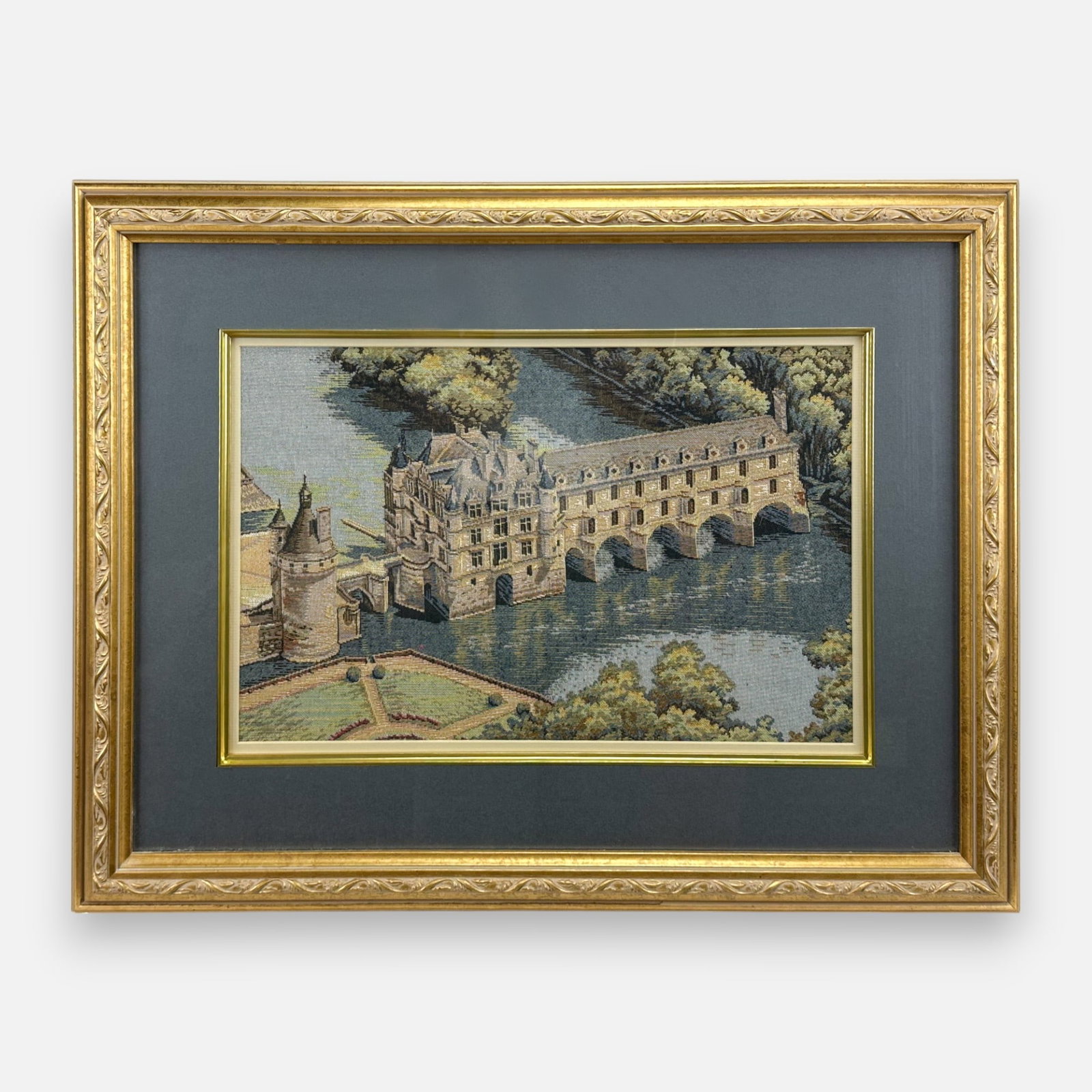 Antique French Embroidery Tapestry of Chateau Chenonceaux: Very good condition as shown. Unexamined out of frame. Approx. sight size 11 1/2" x 18". Simple integrated shipping with LiveAuctioneers LiveShipping is now available. Bidders may still arrange their 