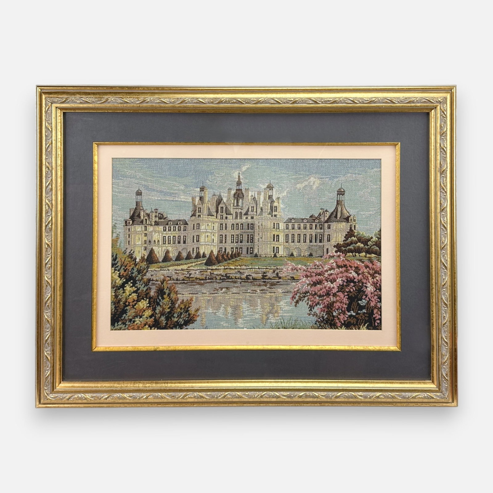 Antique French Embroidery Tapestry of Chateau Chambord: Very good condition as shown. Unexamined out of frame. Approx. sight size 11 1/2" x 18". Simple integrated shipping with LiveAuctioneers LiveShipping is now available. Bidders may still arrange their 