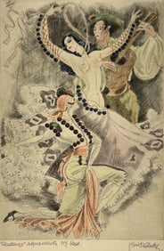 Kurt Hilscher Nude Can-Can Dancer Hand Colored Etching Pencil Signed Print #1