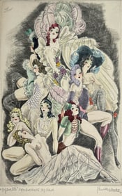 Kurt Hilscher Nude Can-Can Dancer Hand Colored Etching Pencil Signed Print #3