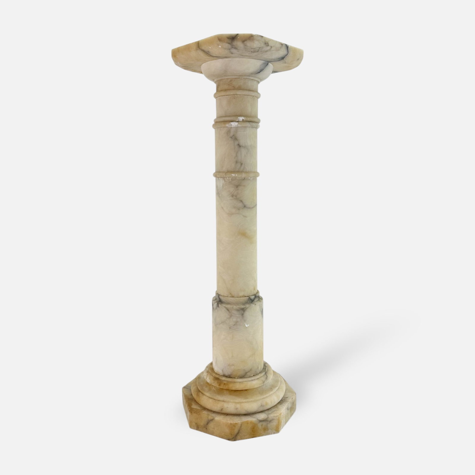 Antique Early 20thC Italian Alabaster Column Two-Piece Pedestal Stand: Ca. first quarter 20thC. Good with minor chips, no major breaks or repairs.