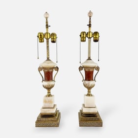 Pair Vintage 1930s Campagna Urn-Form Onyx, Marble and Brass Table Lamps