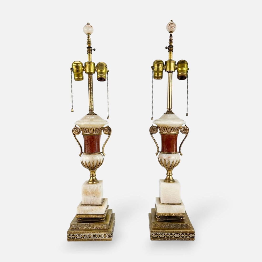 Pair Vintage 1930s Campagna Urn-Form Onyx, Marble and Brass Table Lamps: Ca. first half 20thC. Very good as shown with no apparent breaks or repairs. We suggest a qualified technician looks these over before use.