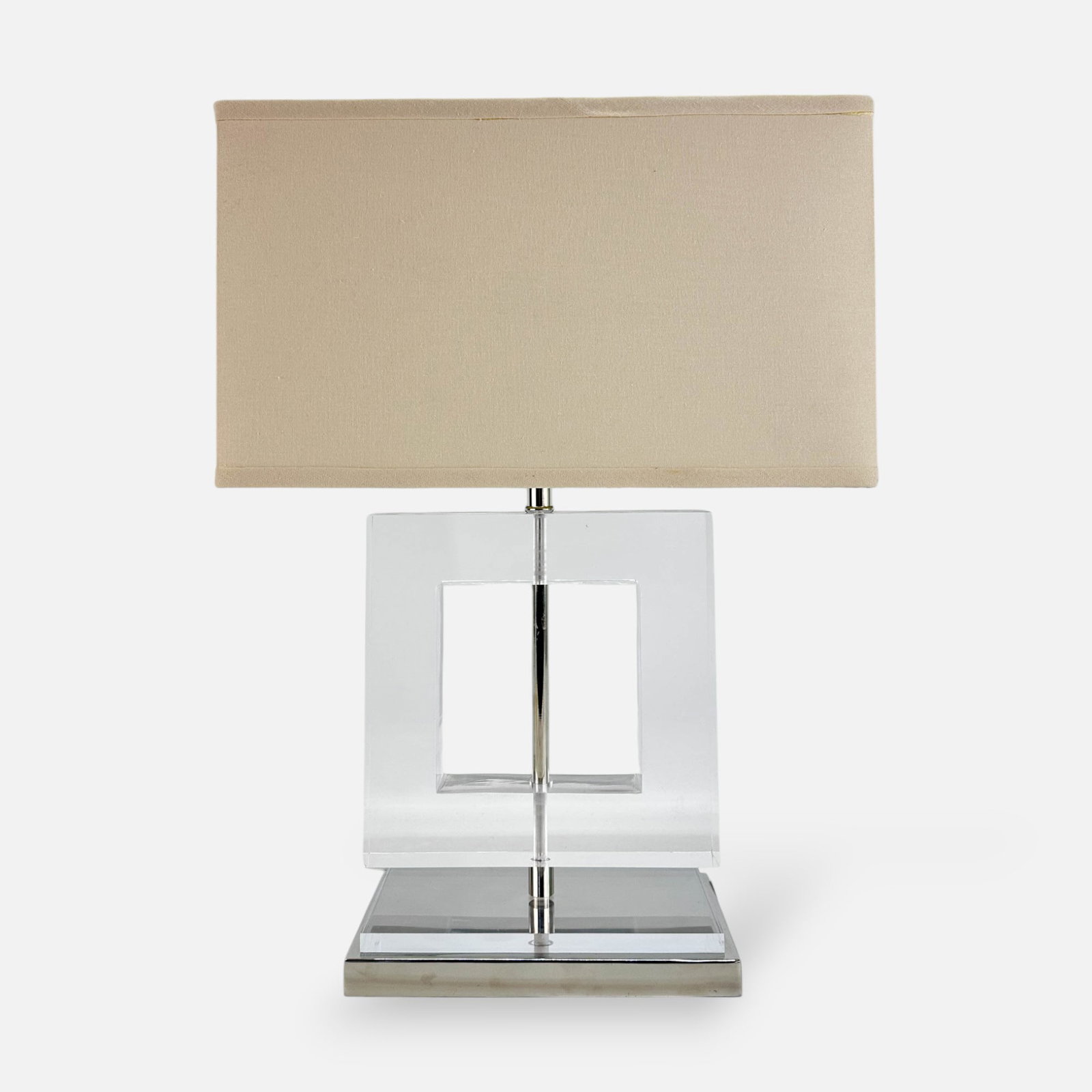 Large Contemporary Designer Lucite Open Square Table Lamp: Ca. last quarter 20thC. Very good as shown with no scratches, breaks or repairs. Shade measures approx. 10" x 17" x 8".