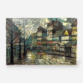 French School City Scene Acrylic on Canvas Painting