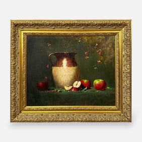 Robert Johnson "Apples and Pitcher" Still Life Oil on Board Framed Painting