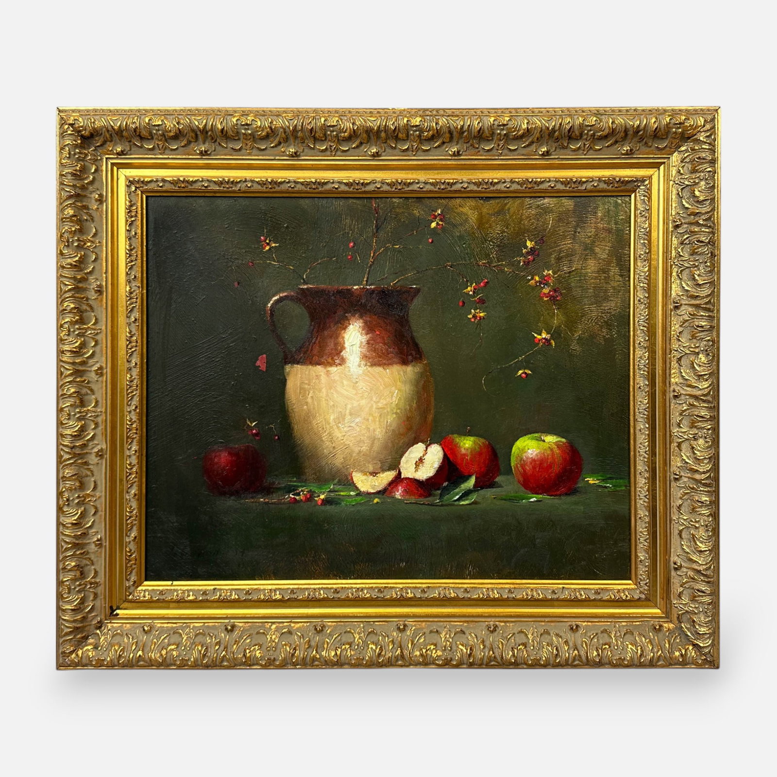 Robert Johnson "Apples and Pitcher" Still Life Oil on Board Framed Painting: Very good condition as shown. Signed in black lower left. Approx. sight size 16" x 19'.
