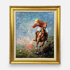 C. Hopkins Impasto Polo Player on Horseback Oil on Canvas Painting Framed