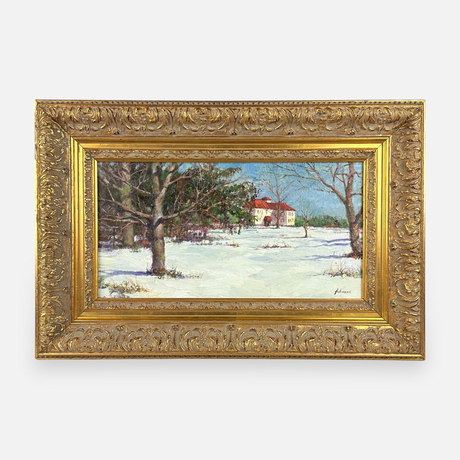 Robert Johnson "Vienna, VA" Landscape Oil on Board Framed Painting: Approx. sight size 7 3/4" x 16". Signed in black lower right. Titled and dated 1993 to reverse of board (according to estate appraisal).