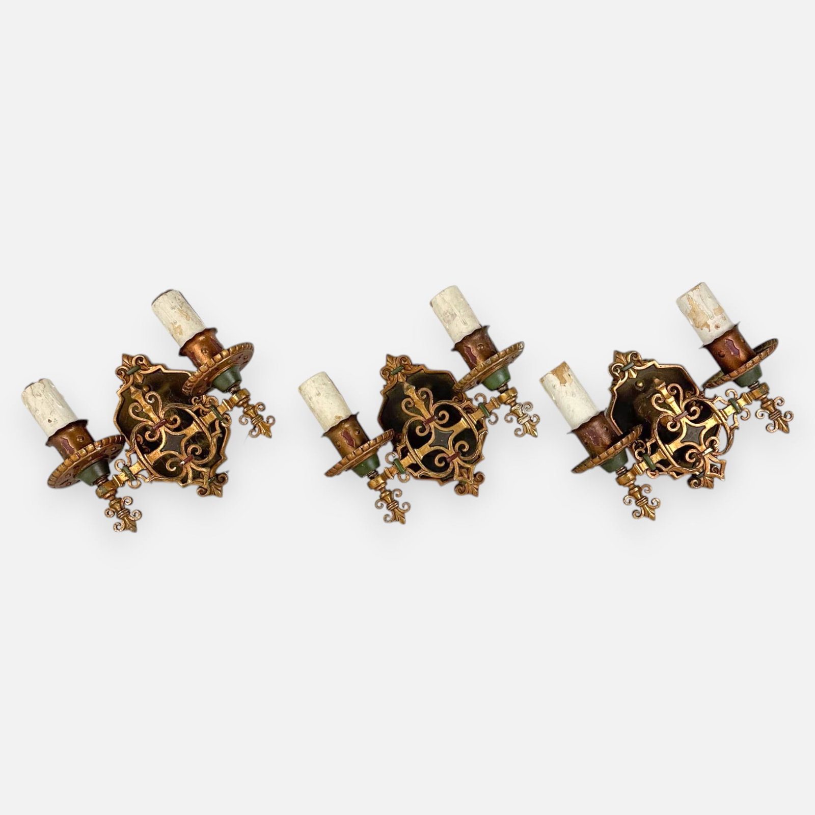 Three 1920s Polychrome Paint Decorated Art Deco Cast Bronze Wall Sconces Lights: Ca. first third 20thC. No cracks, breaks or repairs. Very good condition as shown, with expected and minor age-appropriate surface wear. The paint is in very good condition with only slight losses as 