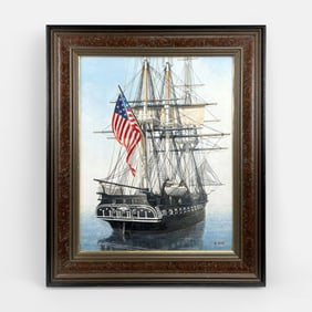 Brian M. Hart "Morning Mist, USS Constitution' Oil on Canvas Framed Painting