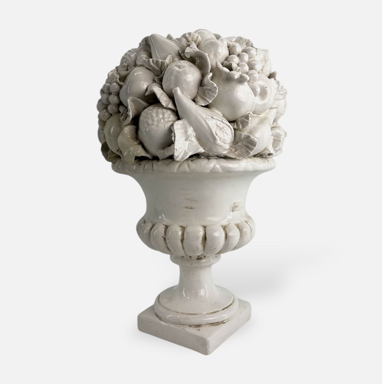 Large Italian Blanc De Chine Porcelain Fruit Urn Garden Sculpture: Ca. last half 20thC. Good overall as shown, with surface discoloration, possible minor chips or cracks, needs a proper cleaning.