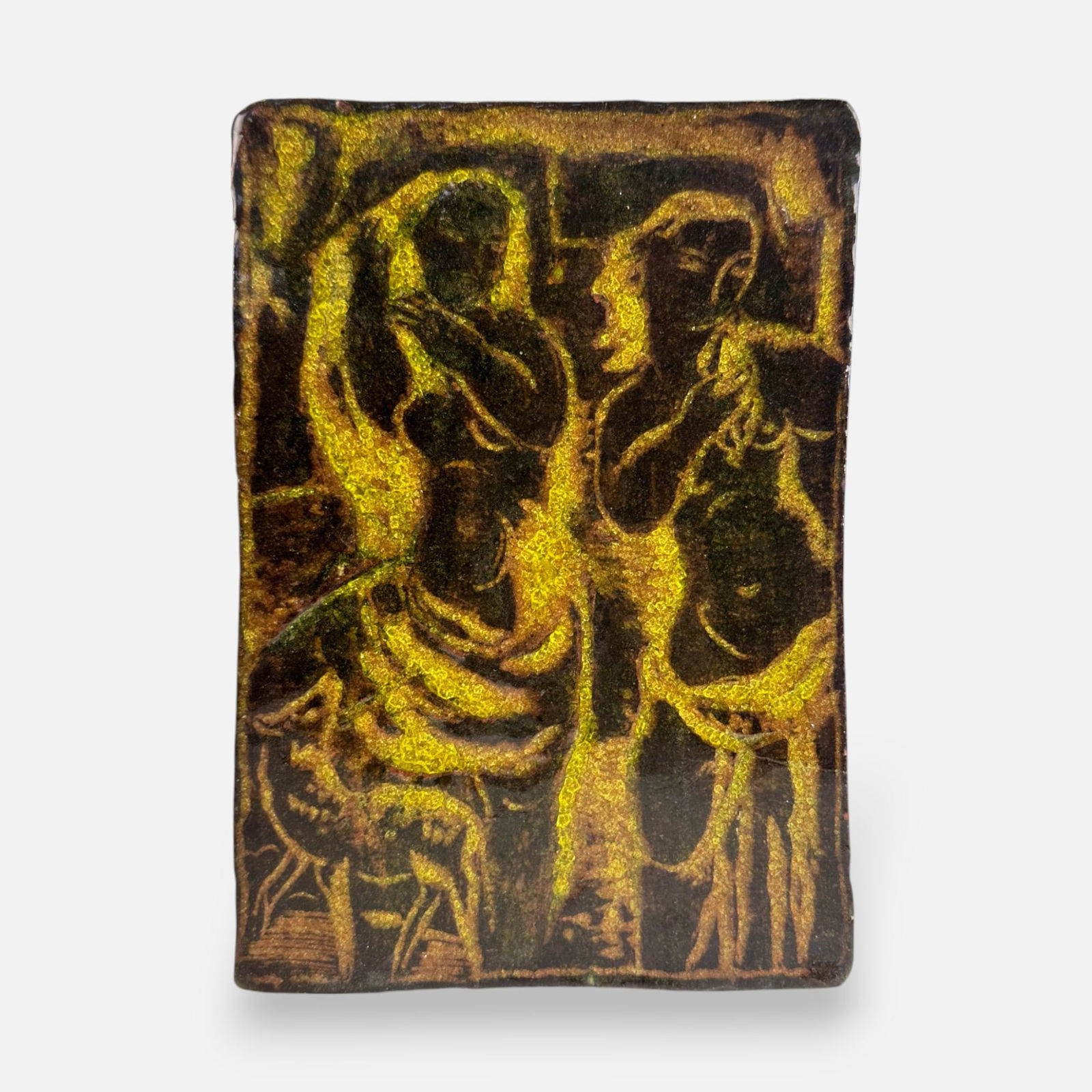 20thC Studio Art Pottery Stoneware MCM Tile Dancing Nude Women: Ca. last half 20thC. Very good condition with no chips, cracks, or repairs. Apparently not signed.