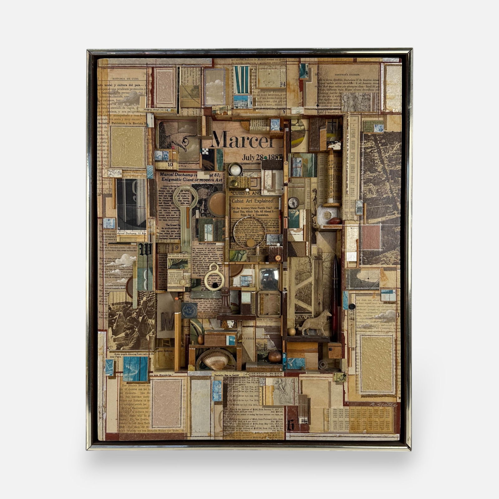 Roderick Slater "Lost in Translation" Mixed Media Collage Sculpture Painting: Signed "R. Slater" lower right. See sticker on reverse.