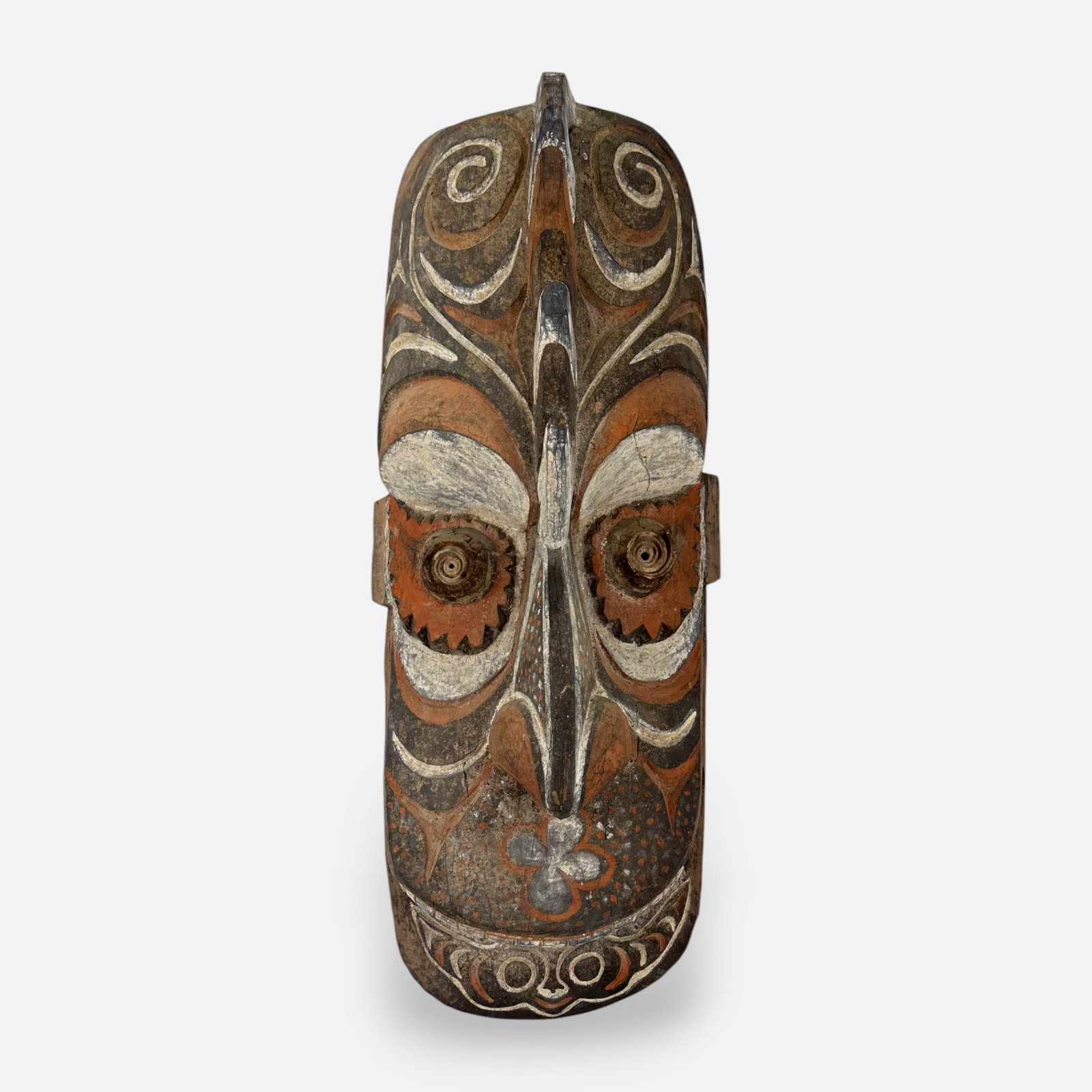 Very Large Tribal Papua New Guinea Sepik River Carved and Painted Wood Mask Form Wall Sculpture: Good age-appropriate condition, with shown age-cracks.