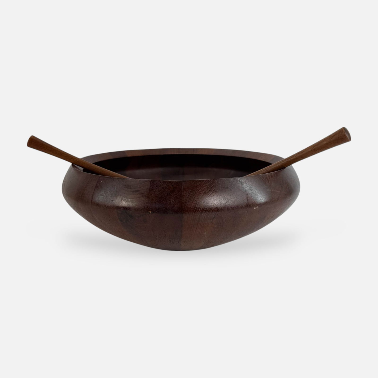 Jens Quistgaard for Dansk Designs Large Teak Salad Bowl w/Serving Spoons: Fair to good overall, interior very good, outside in fair to good condition, with shown scratching and repaired split(s).