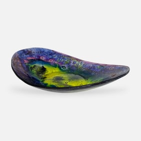 Contemporary Studio Hand Blown Fused Art Glass Tray w/Bubbles