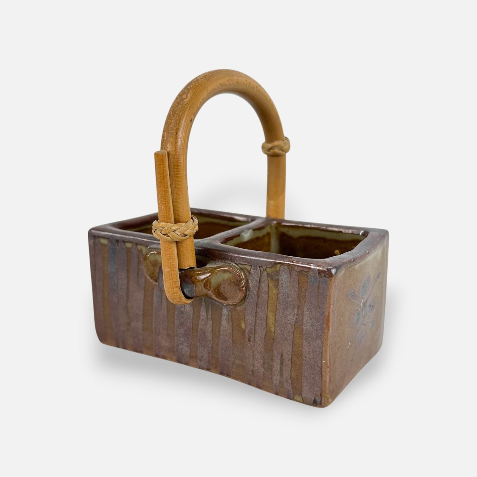 Vintage 20thC Japanese Studio Art Pottery Bamboo Handled Stoneware Caddy: Very good as shown in photos, see scratch to glaze on one side. Just pottery measures approx. 2" x 4 1/2" x 3 1/2".