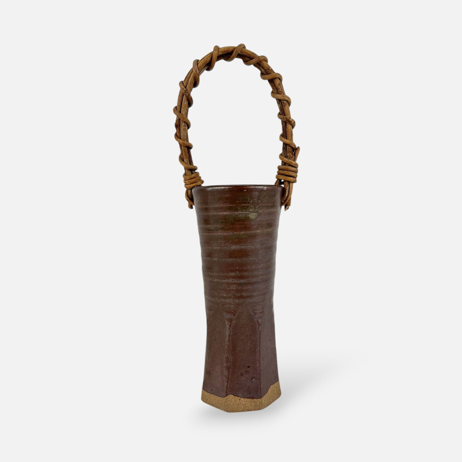 Signed Vintage 20thC Japanese Studio Art Pottery Wood Handled Stoneware Vase: Good overall condition with shown surface glaze issues. Signed to base. Just pottery measures approx. 6 3/4".