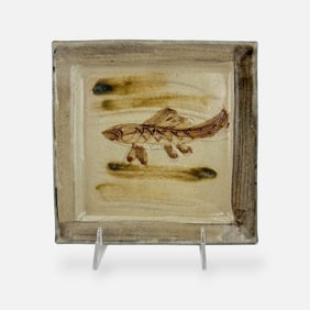 Signed Vintage 20thC Japanese Studio Art Pottery Oribe Stoneware Square Tray w/Fish Design