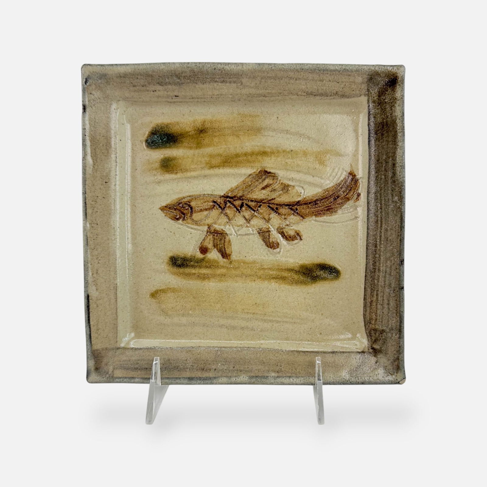 Signed Vintage 20thC Japanese Studio Art Pottery Oribe Stoneware Square Tray w/Fish Design: Very good as shown, with minor glaze misses to corners. With impressed studio/artist mark as shown.
