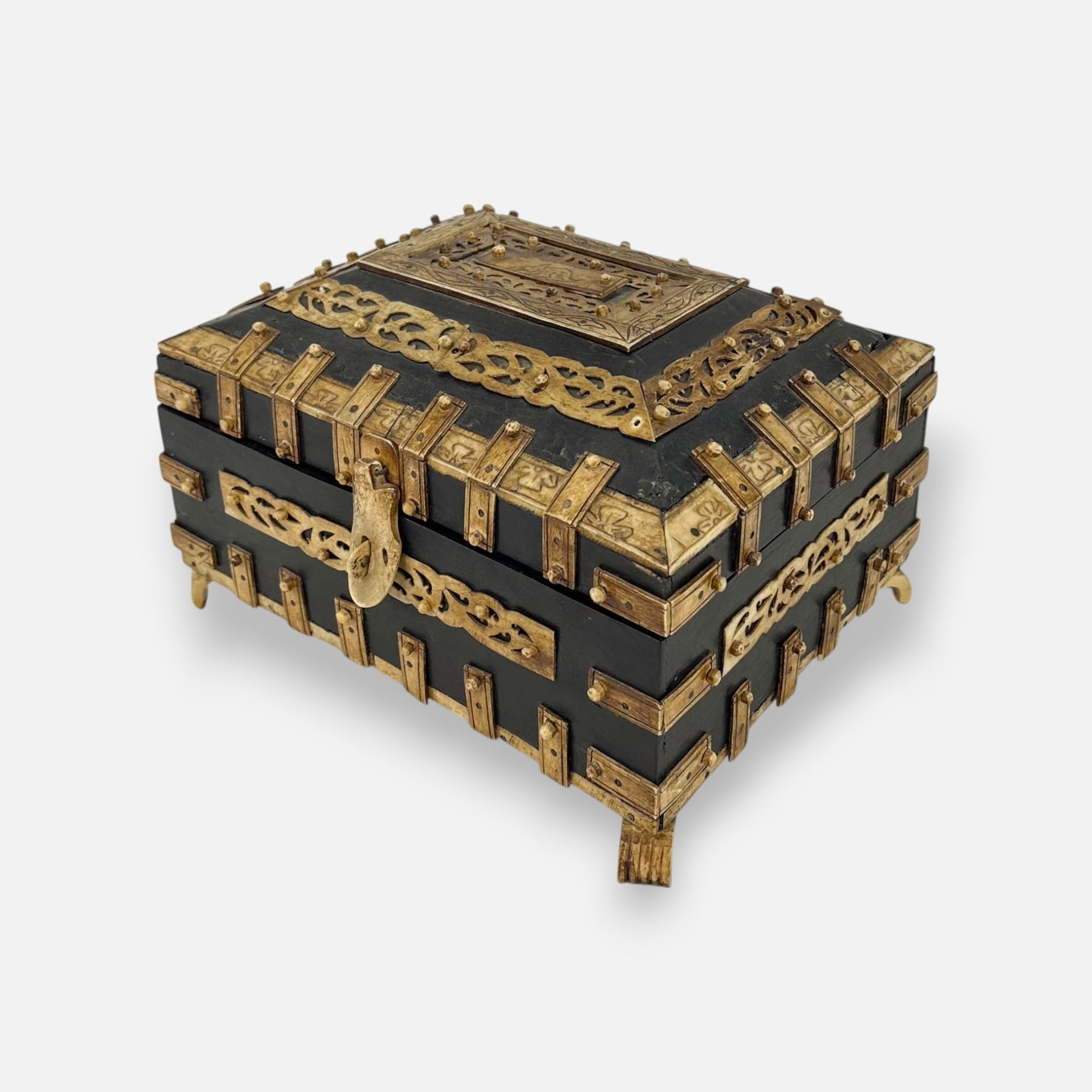 Antique Anglo-Indian Vizagapatam Casket Carved Wood Box Trunk w/Bone Overlay: Good as shown with age-appropriate wear and discoloration to bone.