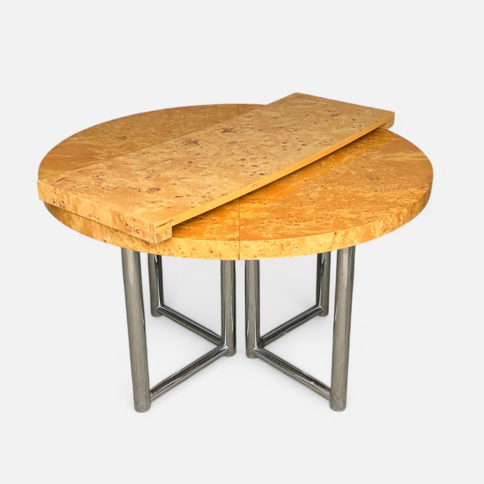 Milo Baughman Style Burl Wood and Chrome MCM Circular Extending Table w/One Leaf: Milo Baughman Style Burl Wood and Chrome Circular Extending Table w/One Leaf.