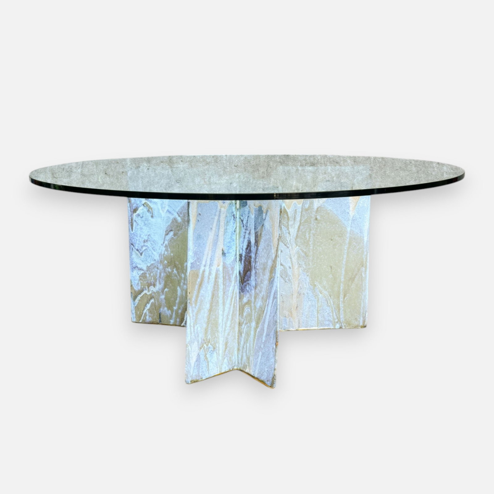 Eric O'Leary Art Pottery Slab Built Glazed Stoneware Three-Piece Table Base w/Glass Top: Ca. second half 20thC. Attributed Eric O'Leary. Very good with no apparent chips, cracks or repairs. Japanese Slab Built Art Pottery Coffee Table w/Glass Top.