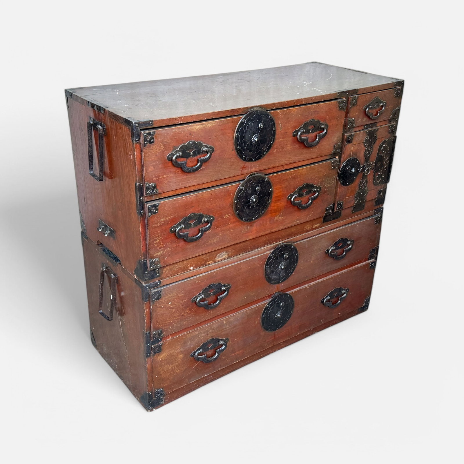 Antique 19thC Japanese Meiji Tansu Chest of Drawers: Ca. last half 19thC. Fair to good condition with shown surface discoloration, scuffs, and scratches. No apparent breaks or repairs. Antique Japanese Meiji Tansu Chest of Drawers.