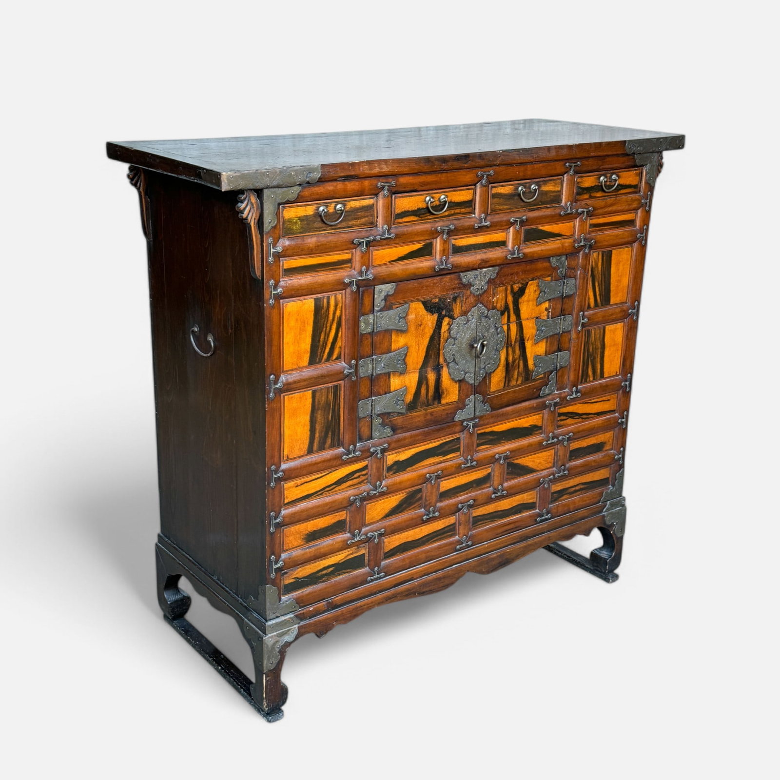 Antique Korean Morijang Exotic Fruitwood Tansu Chest: Ca. first half 19thC. Very good to good age-appropriate condition, with shown scuffs, scratches, discoloration, and age-cracks. With no apparent breaks or repairs. Antique Korean Morijang Fruitwood Ta