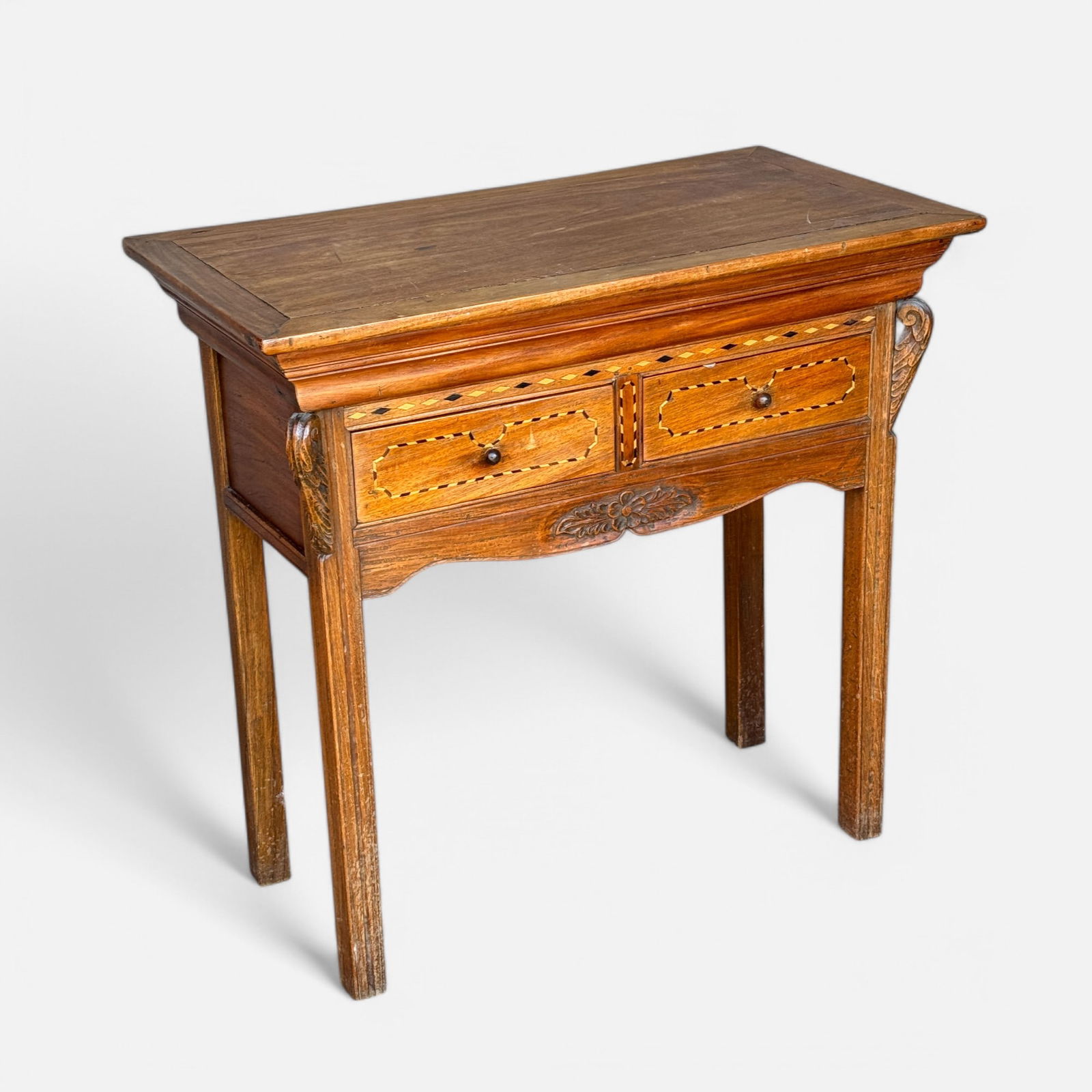 Antique South American Carved and Inlaid Wood Two-Drawer Side Table Stand: Ca. late 19th to early 20thC. Very good with no breaks or repairs.