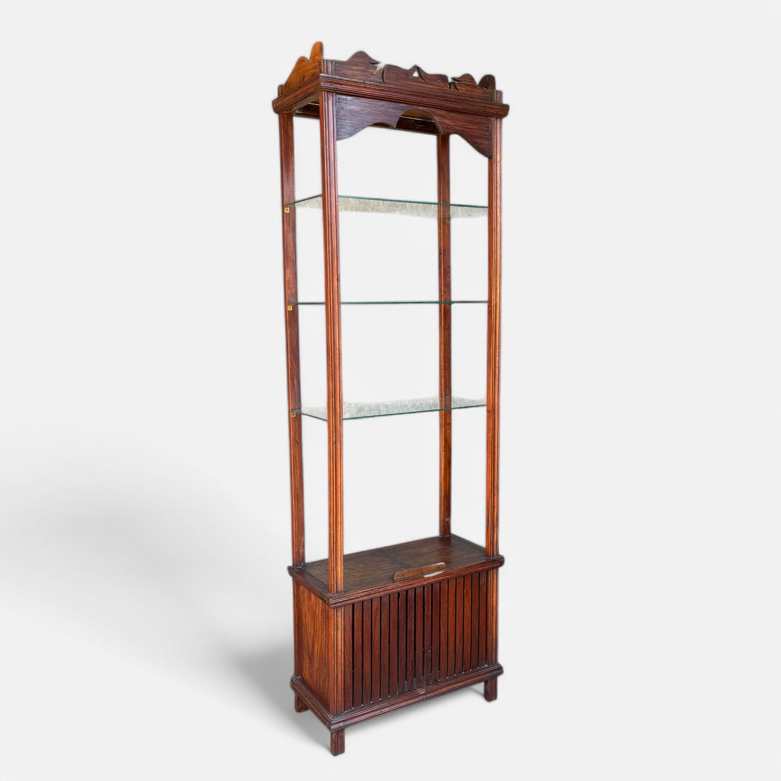 Vintage Mid 20thC Asian Carved Wood Display Shelf Etagere: Ca. second half 20thC. Very good condition with no breaks or repairs. We believe this to have been an Almario/pillow rack from the Phillippines converted to an etagere. Glass shelves shown in photos n