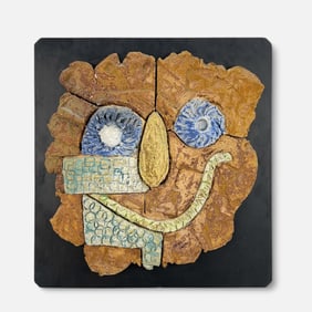 Sergio Cuevas Corona Mexican Folk Art Face Sculpture Mounted to Wood Board