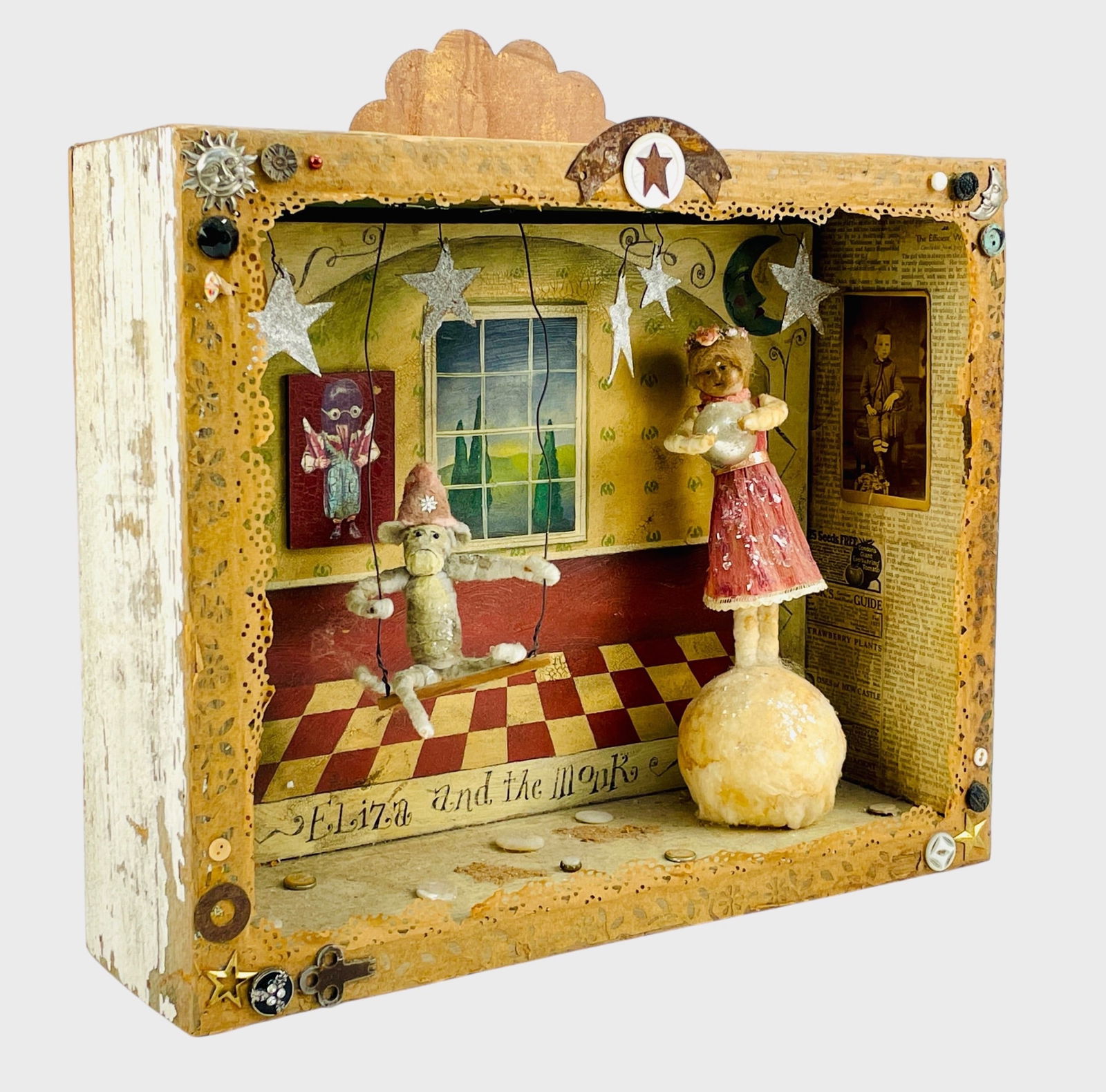 S. Bear "Eliza and the Monkey" Mixed Media Shadow Box American Folk Art Sculpture: Signed and dated 2000 as shown. As shown, unclear if the sculpture is complete, no obvious breaks or loss.