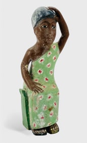 Distraught African American Woman Carved and Painted Wood American Folk Art Sculpture