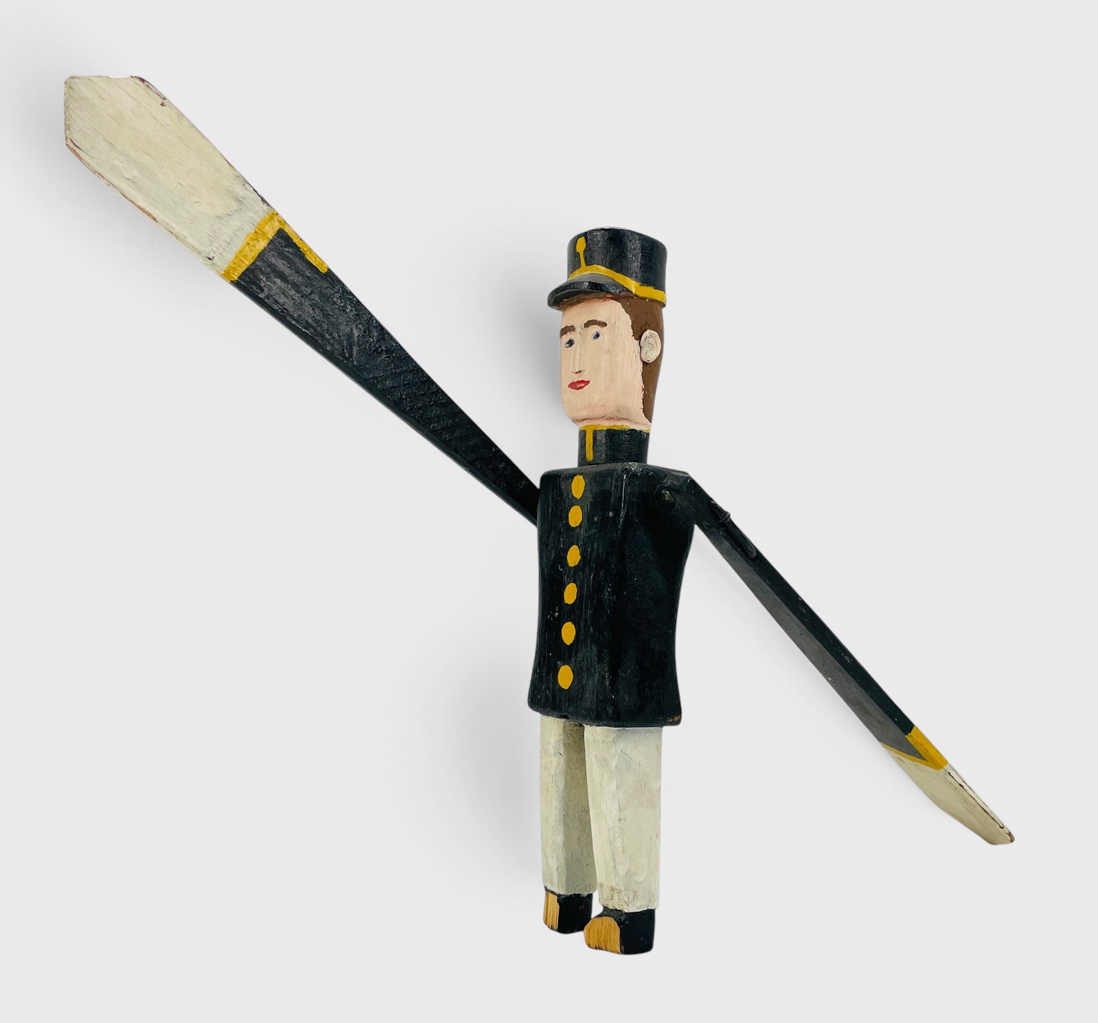 American Folk Art Carved and Painted Wood Sailor Sculpture: Breaks to feet. Otherwise, free from any breaks with age-appropriate surface paint loss/wear.