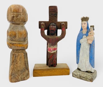 Three Carved and Painted Wood Religious Christian Folk Art Sculptures