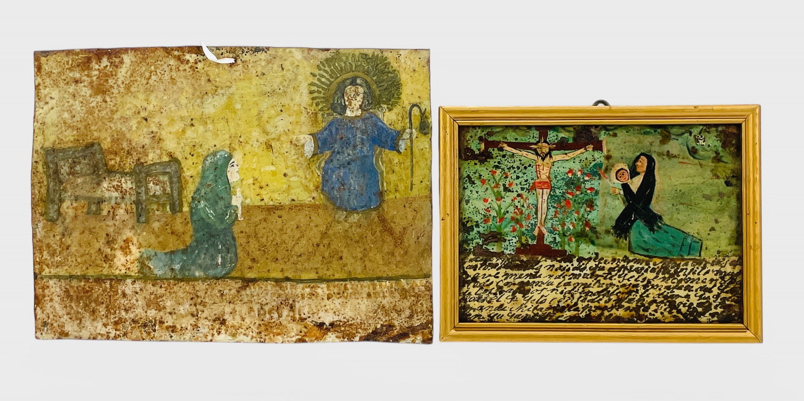 Two Antique Mexican Religious Folk Art Oil on Board Paintings: Fair overall condition as shown with discoloration and paint loss. Measurements for left painting.