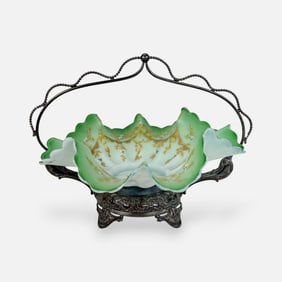 Antique 19thC American Cased Satin Glass Bride's Basket on Silver Plate Base