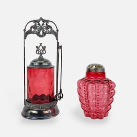Antique 19thC Victorian Silver Plate Cranberry Glass Pickle Castor & Sugar Sifter Shaker