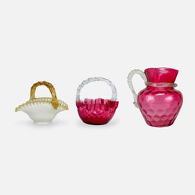 Three Antique 19thC Victorian Art Glass Articles: Two Bride Baskets w/Handles and Water Pitcher