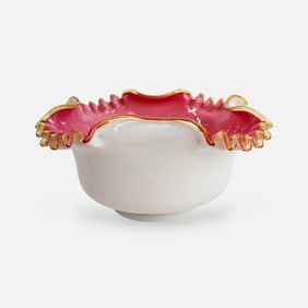 Antique 19thC Cased Opaline Victorian Art Glass Pink and White Ruffled Centerpiece Bowl