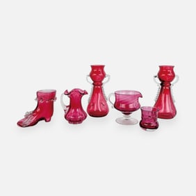 Group of Six (6) Antique 19thC American Victorian Hand Blown Cranberry Art Glass Articles
