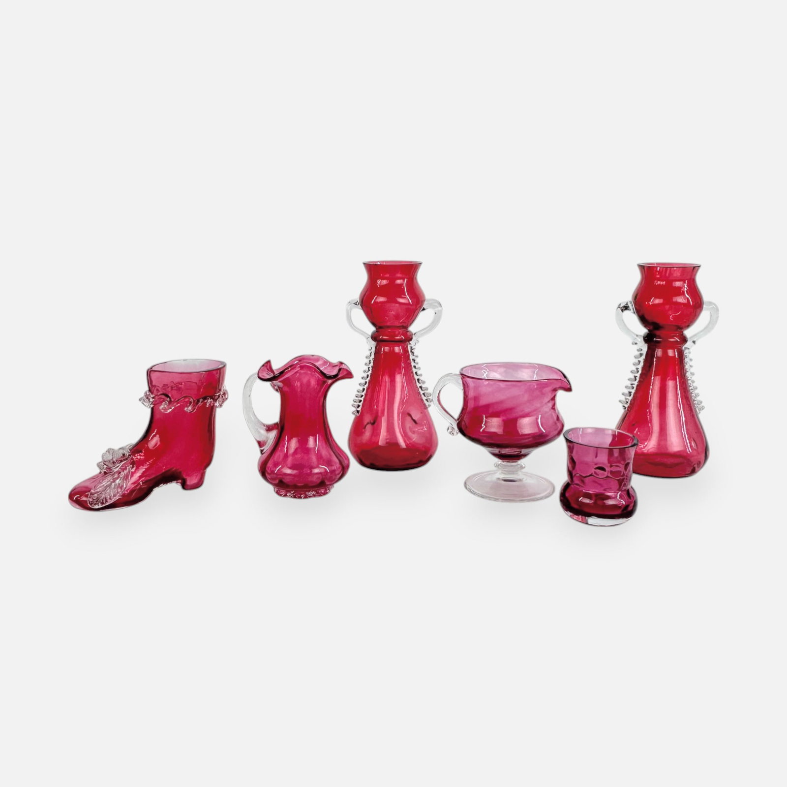 Group of Six (6) Antique 19thC American Victorian Hand Blown Cranberry Art Glass Articles: Ca. last half 19thC. Very good, as shown in photos. Very minor ding along the mouth of one vase, as shown. Otherwise, all appear free of chips, cracks, or repairs. Measurements shown below is for the