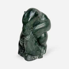 Artist Signed Polar Bear Eating a Seal Carved Green Serpentine Native Inuit Stone Sculpture