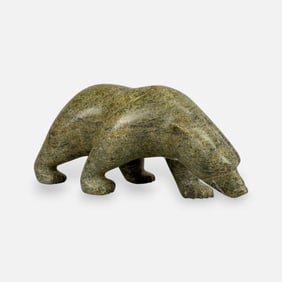 Pauloosie Tunnillie Carved Serpentine Cape Dorset Native Inuit Bear Stone Sculpture
