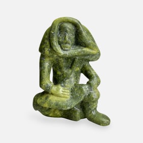 Adamie Ashevak Cape Dorset Native Inuit Carved Green Serpentine Stone Sculpture